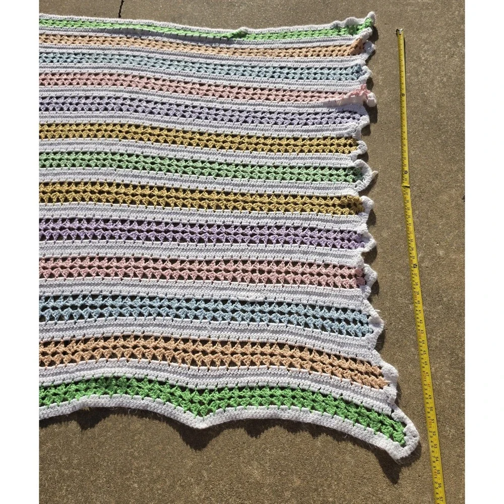 Vintage Handmade Crochet Pastel Striped Blanket Scalloped Edge Throw 53x60